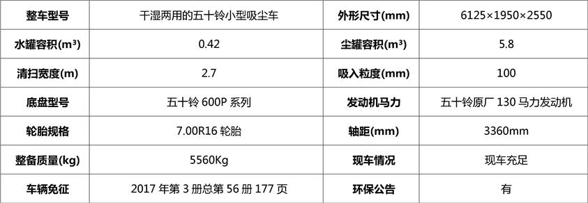 五十铃3吨小型吸尘车基本配置